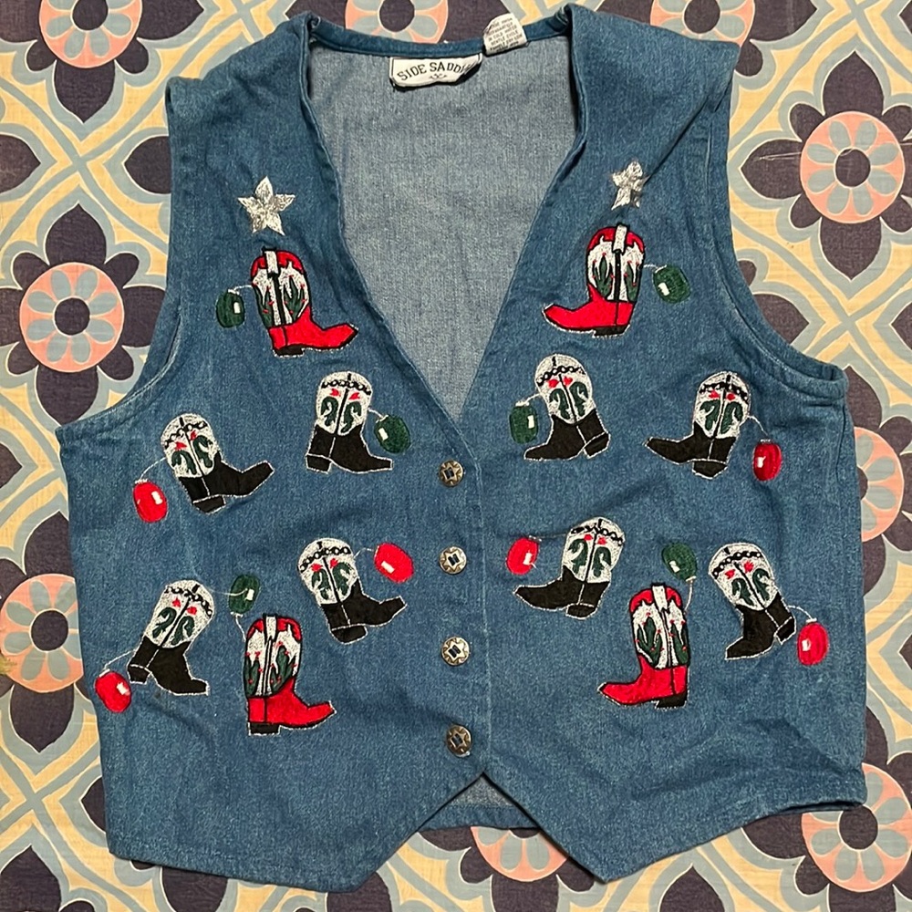 VINTAGE EMBROIDERED COWBOY BOOT WESTERN JEAN VEST